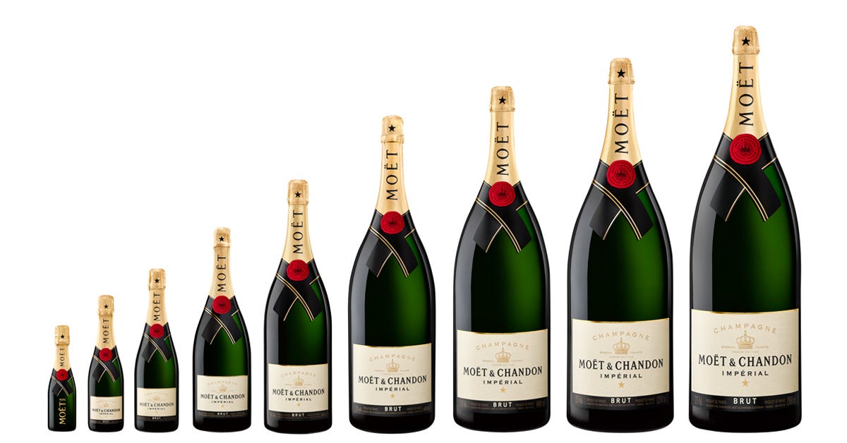 Vergleich der Flaschengrößen von Piccolo bis Nebukadnezar – Moët & Chandon Imperial Range