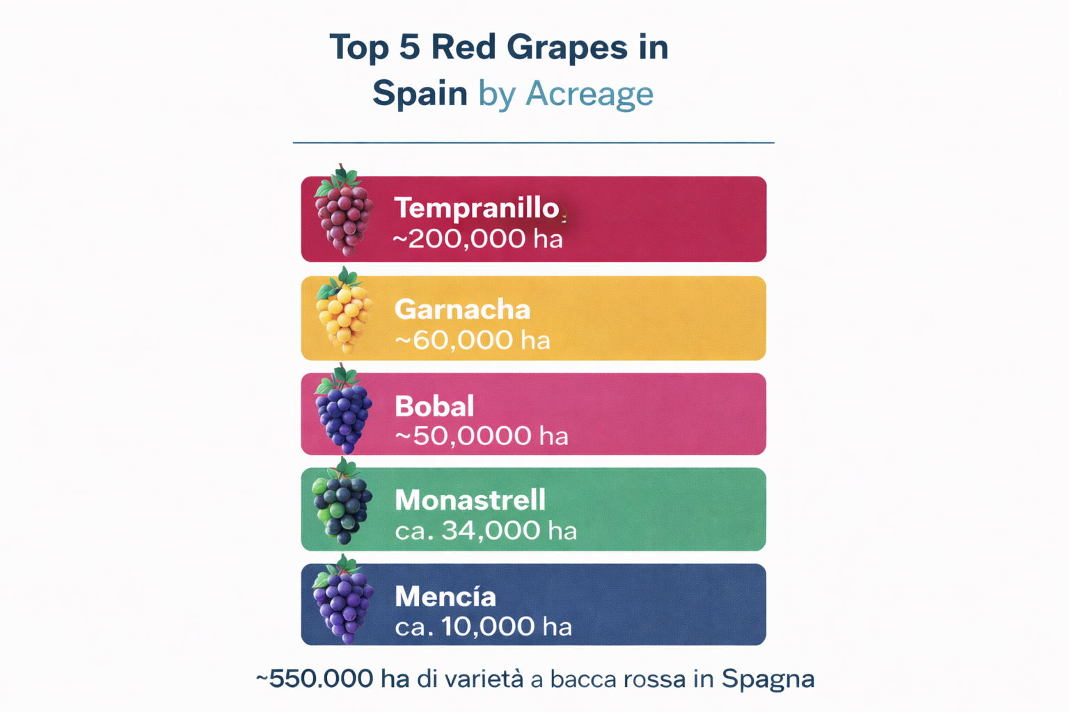 Top 5 red grapes in Spain by acreage – Tempranillo, Garnacha, Bobal, Monastrell, Mencía